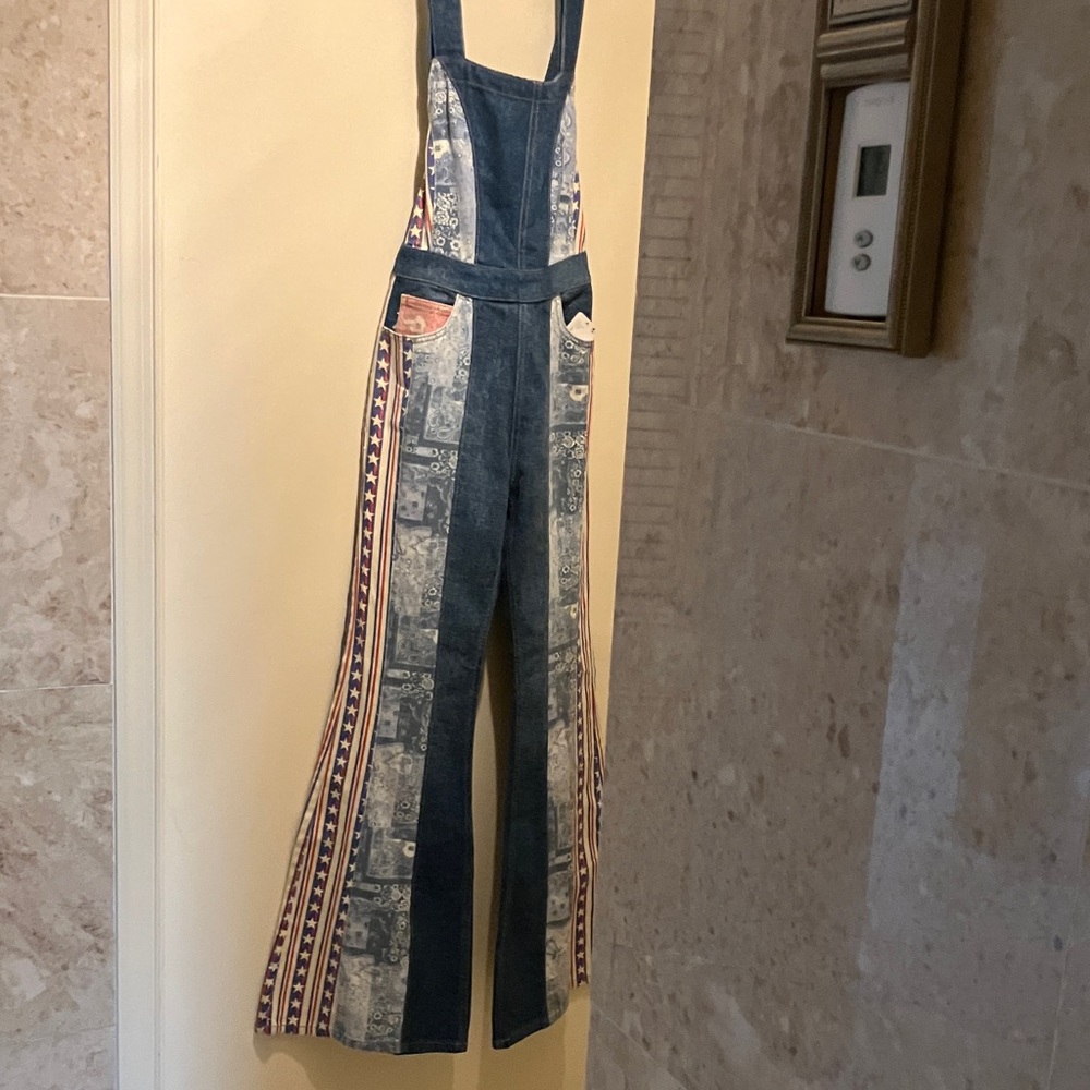 Free People Blue Patchwork Denim Overalls with Americana Panels - Picture 5 of 14